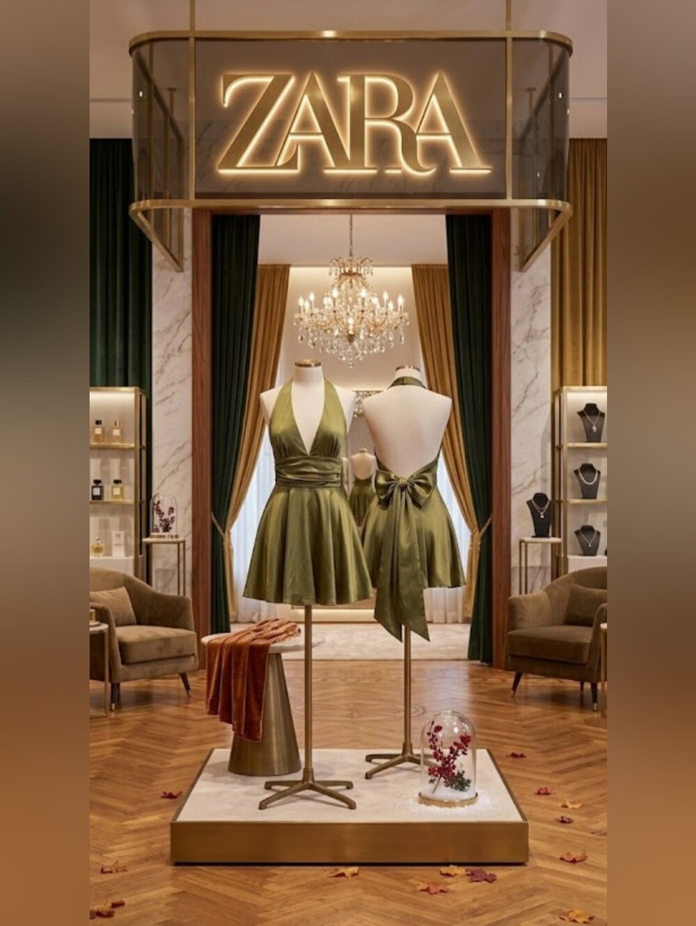 ZARA NWT Olive Green Satin Halter Mini Dress | Open Back Waist Sash Tie | Size S